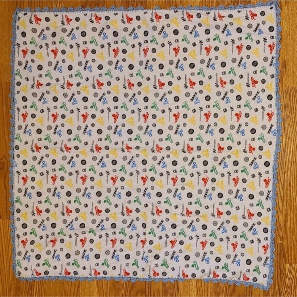 Mario Kart Baby Blanket with Blue Crochet/Knit Trim 41"x40"‎ Hand Made